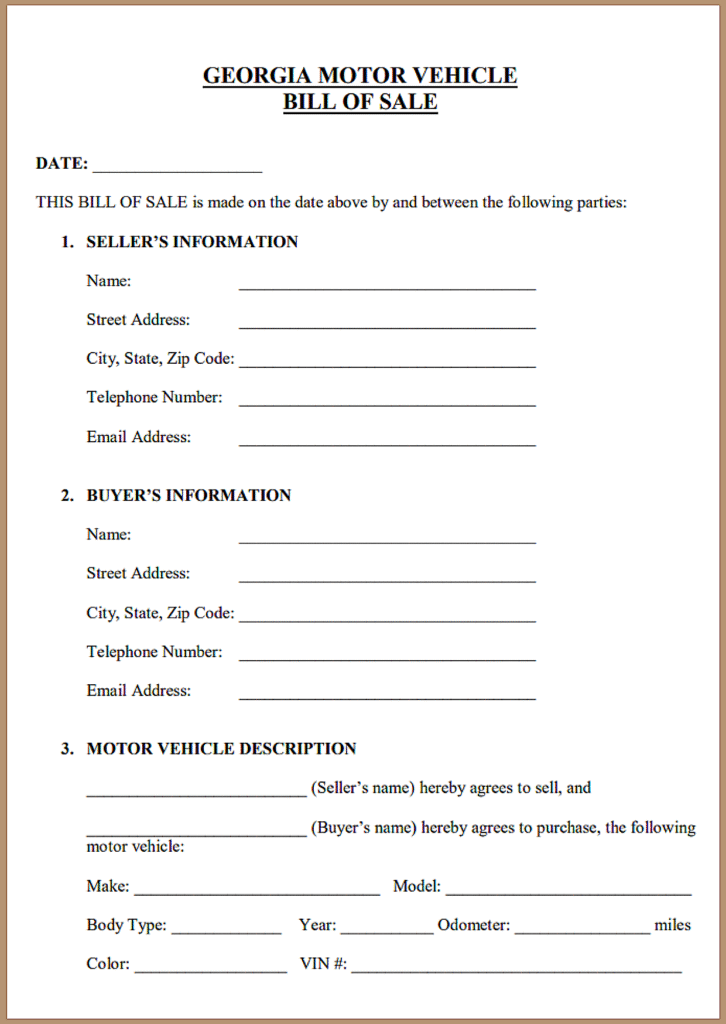 Auto Bill of Sale Form Georgia