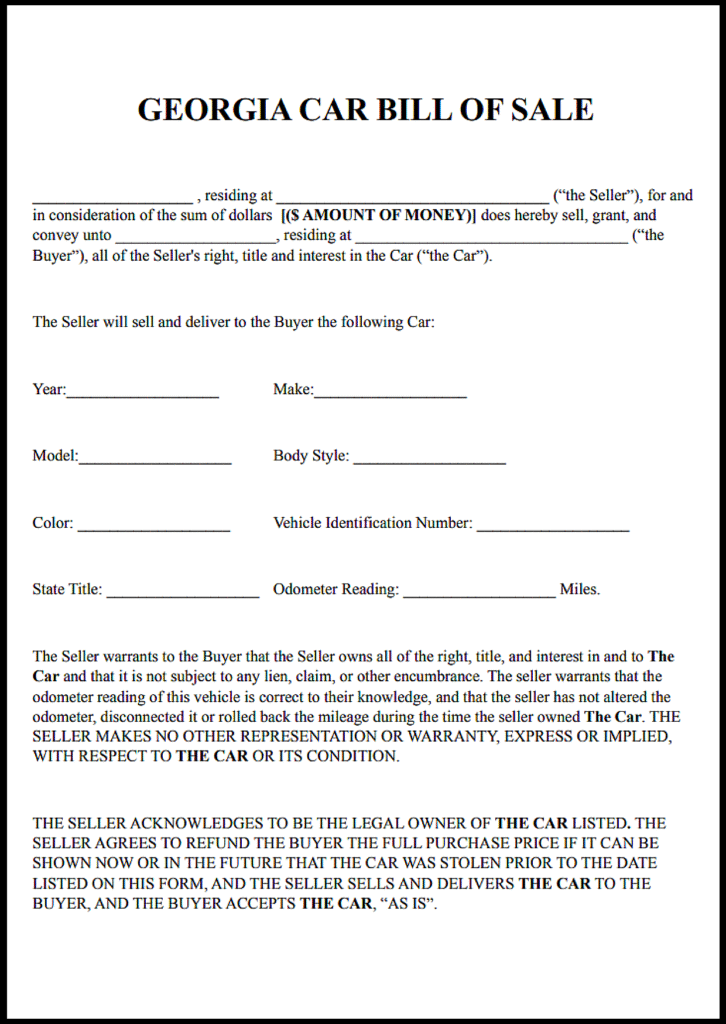 Bill of Sale for Car Georgia PDF