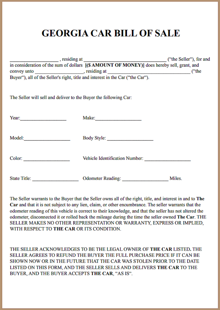 Free Georgia Bill of Sale for Car Template