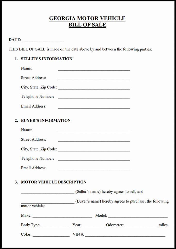 Free Georgia Motor Vehicle Bill of Sale Template