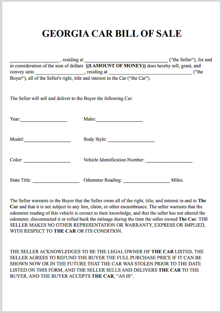 Georgia Bill of Sale for Car
