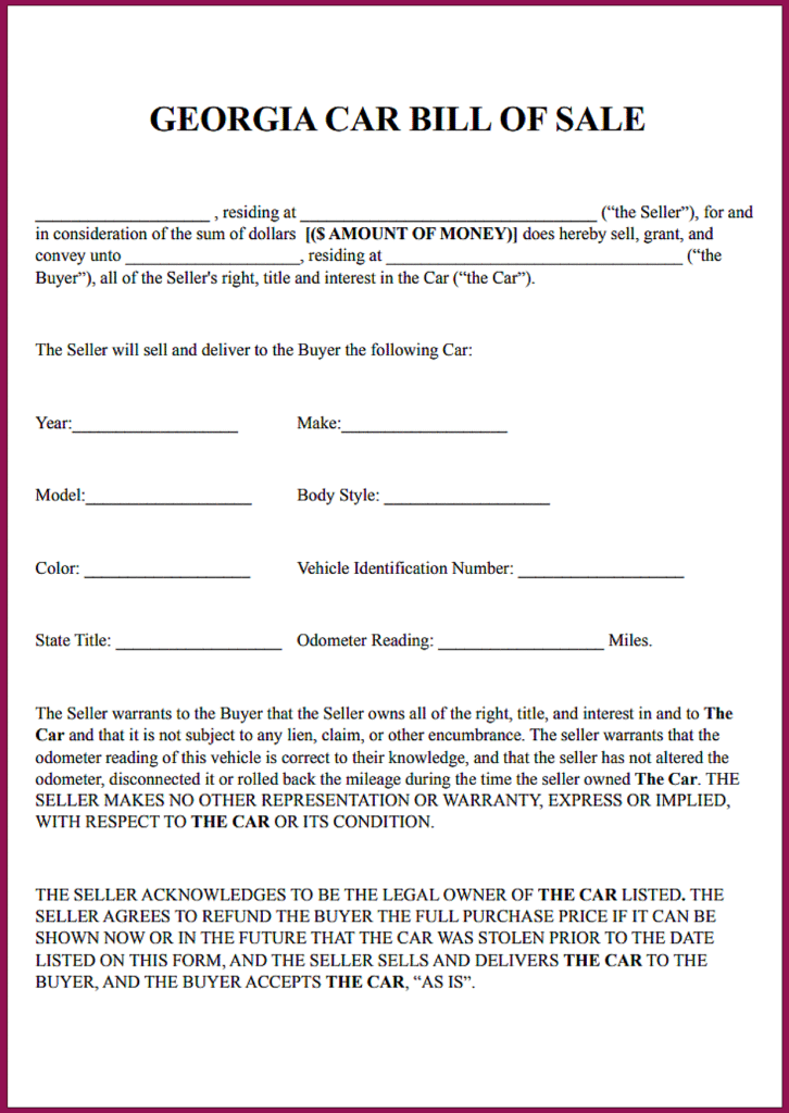 Georgia Car Bill of Sale Form