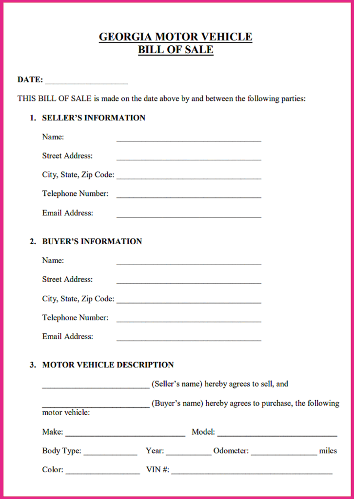 Georgia Department of Revenue Motor Vehicle Division Bill of Sale
