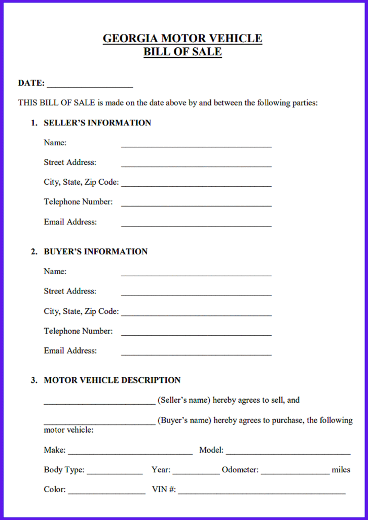 Simple Auto Bill of Sale Georgia