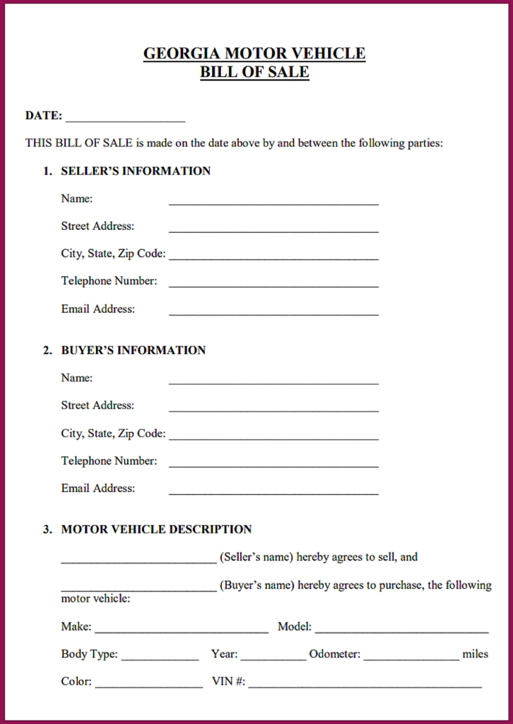 Vehicle Bill of Sale Georgia PDF Free Download