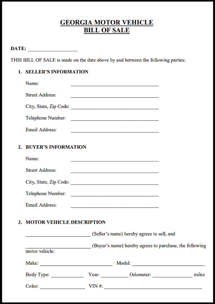 Bill of Sale Form Georgia Automobile