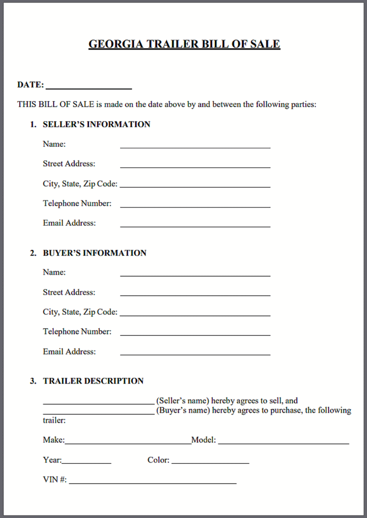 Bill of Sale for a Vessel Trailer Georgia