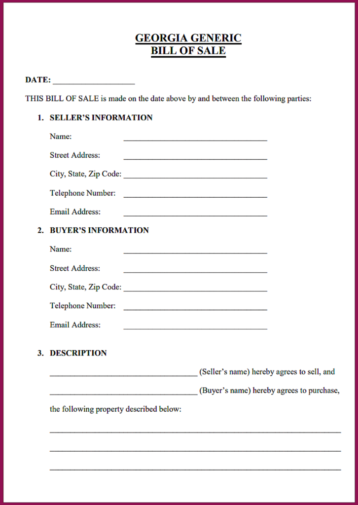 Free PFree Printable Generic Bill of Sale Georgia Templaterintable Generic Bill of Sale Georgia Template