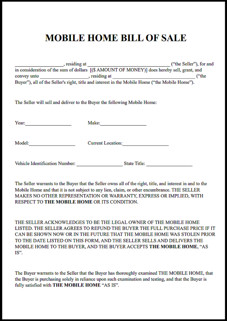 Free Printable Mobile Home Bill of Sale Georgia Template