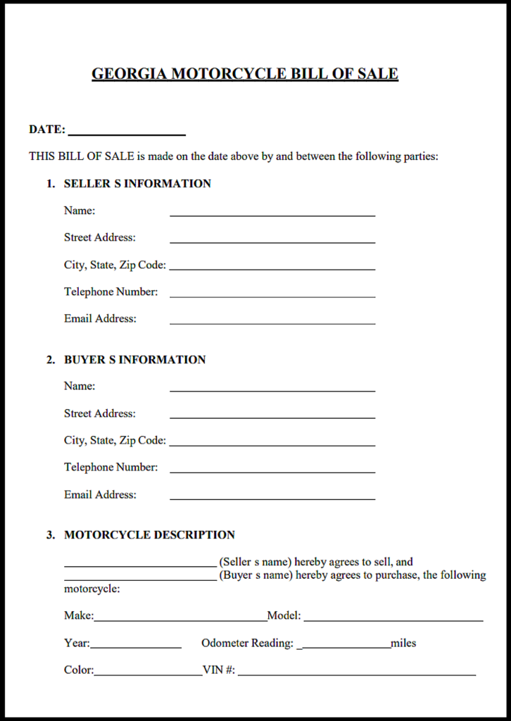 Free Printable Motorcycle Bill of Sale Georgia Template
