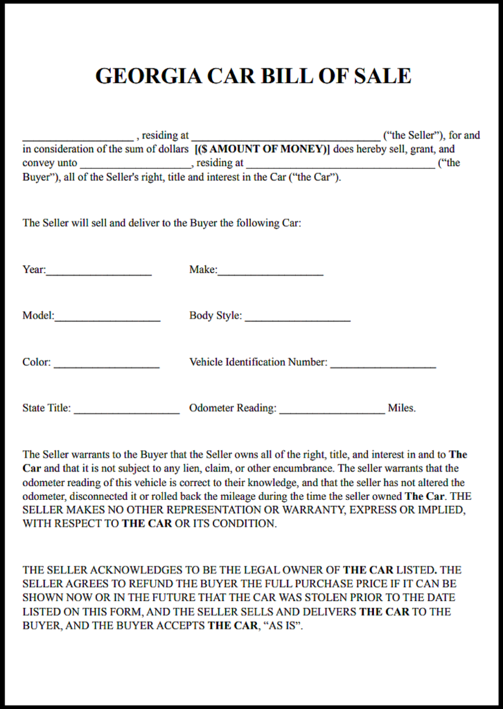 Free Printable Used Car Bill of Sale Georgia Template