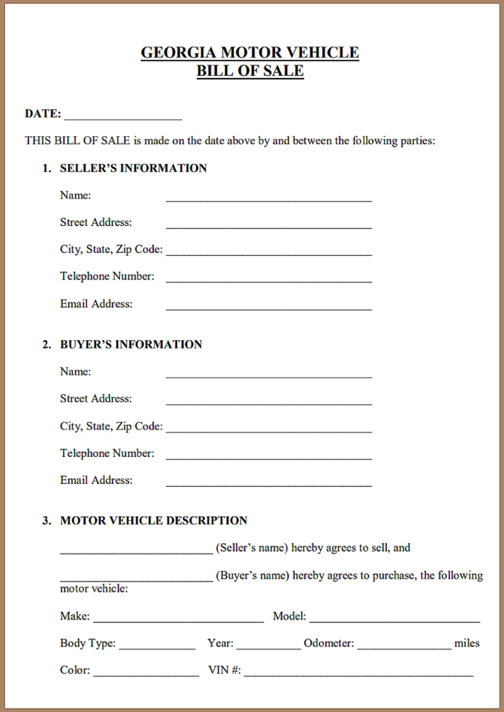 Free Vehicle Bill of Sale Georgia PDF Template
