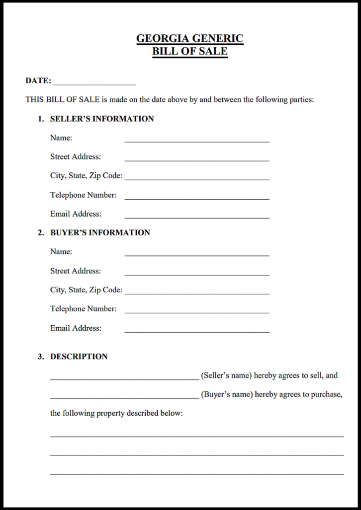 Generic Bill of Sale for Car Georgia
