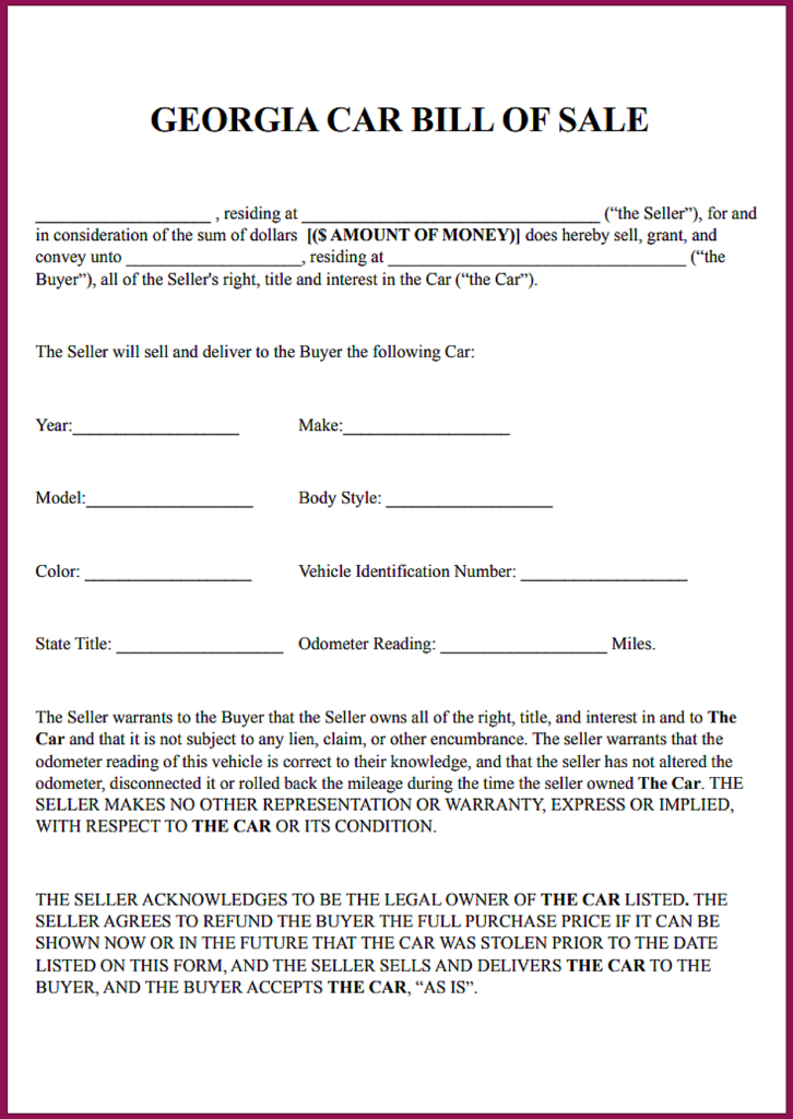 Georgia Car Bill of Sale Form