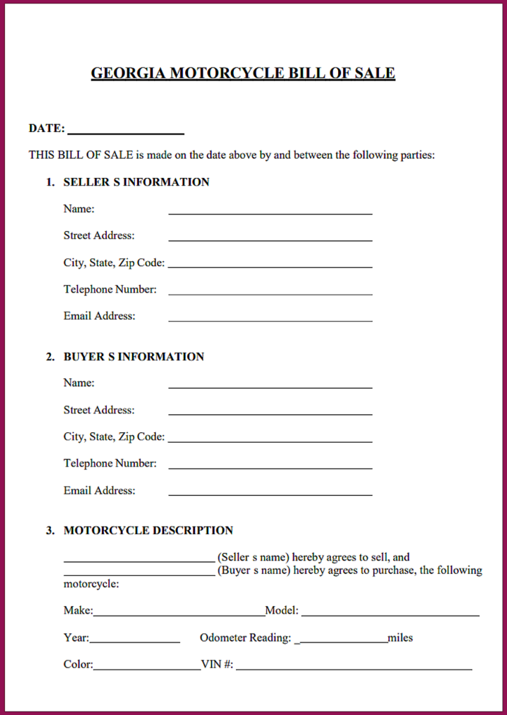 Motorcycle Bill of Sale Georgia PDF