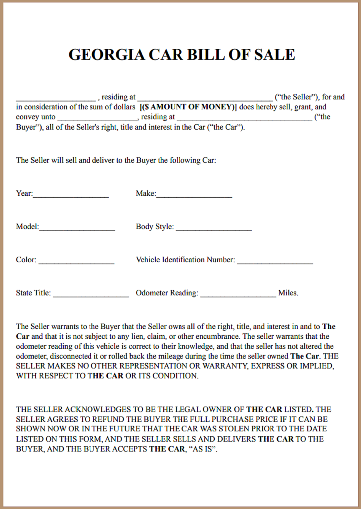 Printable Simple Bill of Sale for Car Georgia